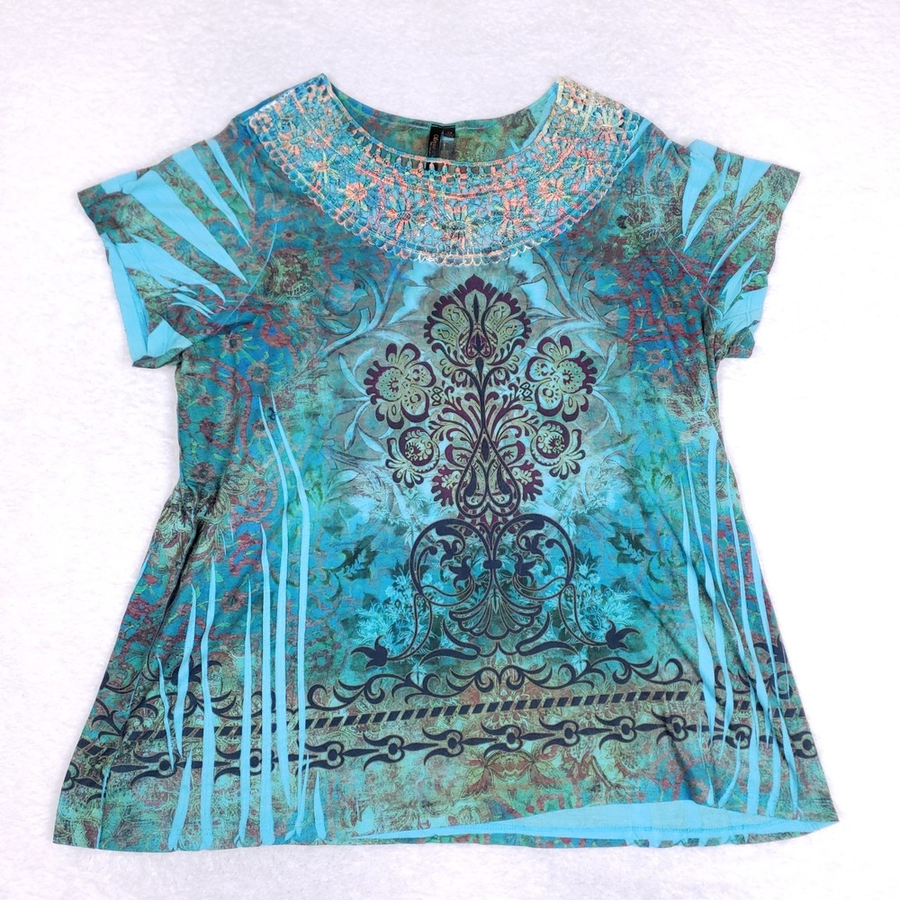 Olivia Page Boho Embroidered Top Size 2X Turquoise Artistic Festival Folk
